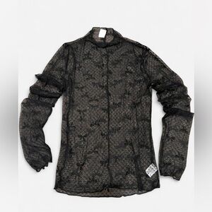 Sheer Black Lace Women's Long Sleeve With Bows and Ruffled Edges Size L